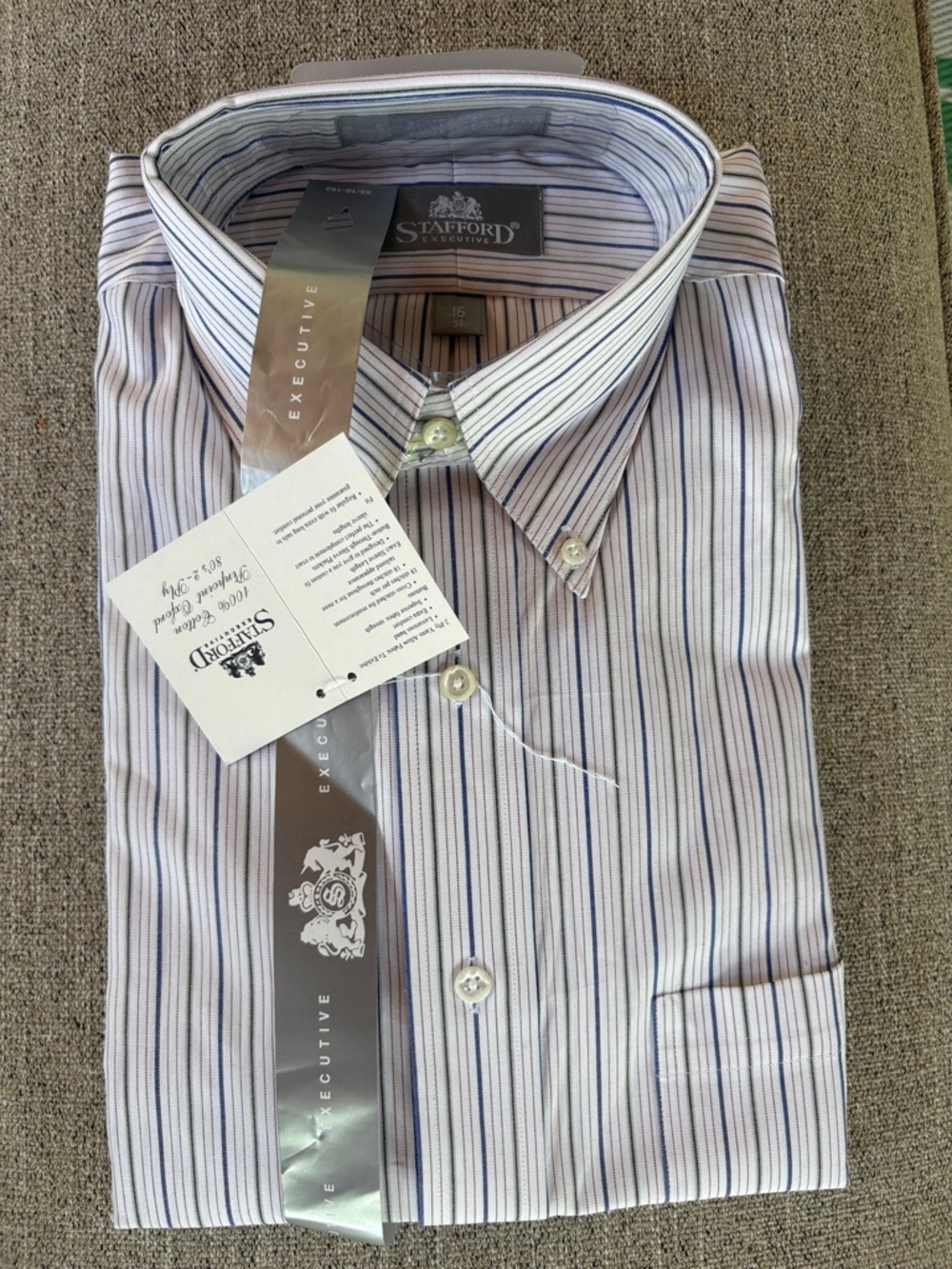 Stafford Striped Button-Down Dress Shirt in Blue and White NWT 16/34